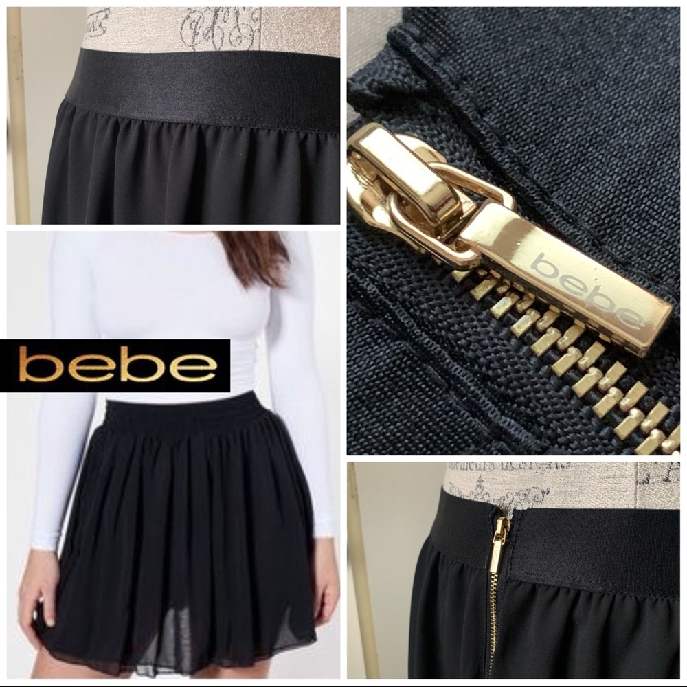 BEBE chiffon black skirt gold accents sleek waist